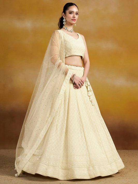 White Party Wear Lehenga With Sequins Embroidery Work And Dupatta