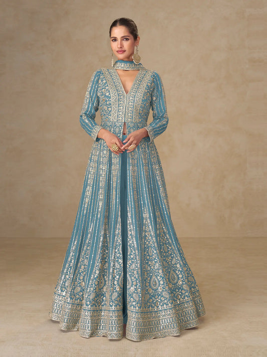 Sky Blue Chinon Embroidery Gown