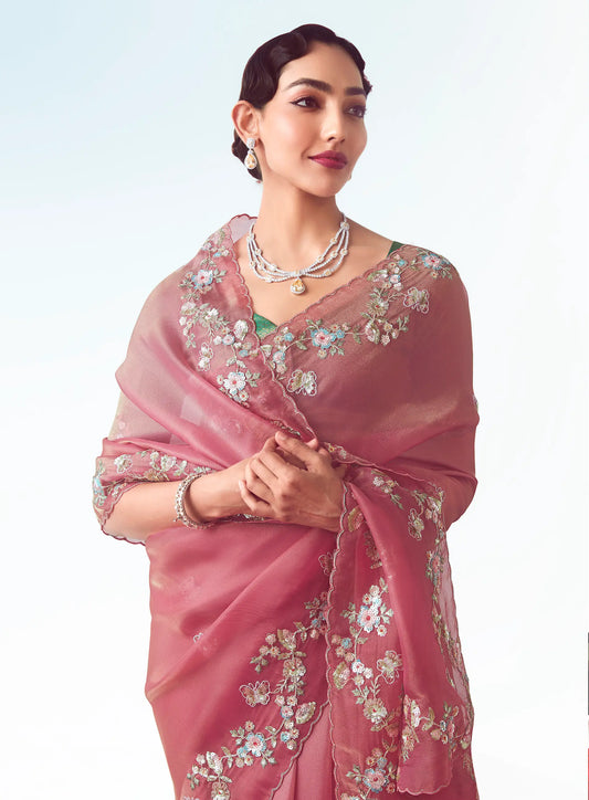 Dusty Pink Party Wear Saree With Embroidery & Hand Work