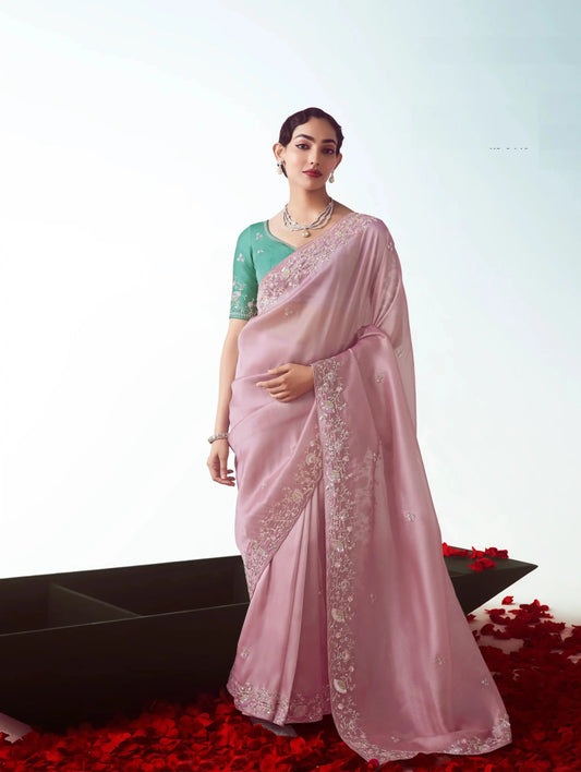 Blossom Pink Party Wear Saree With Embroidery & Hand Work