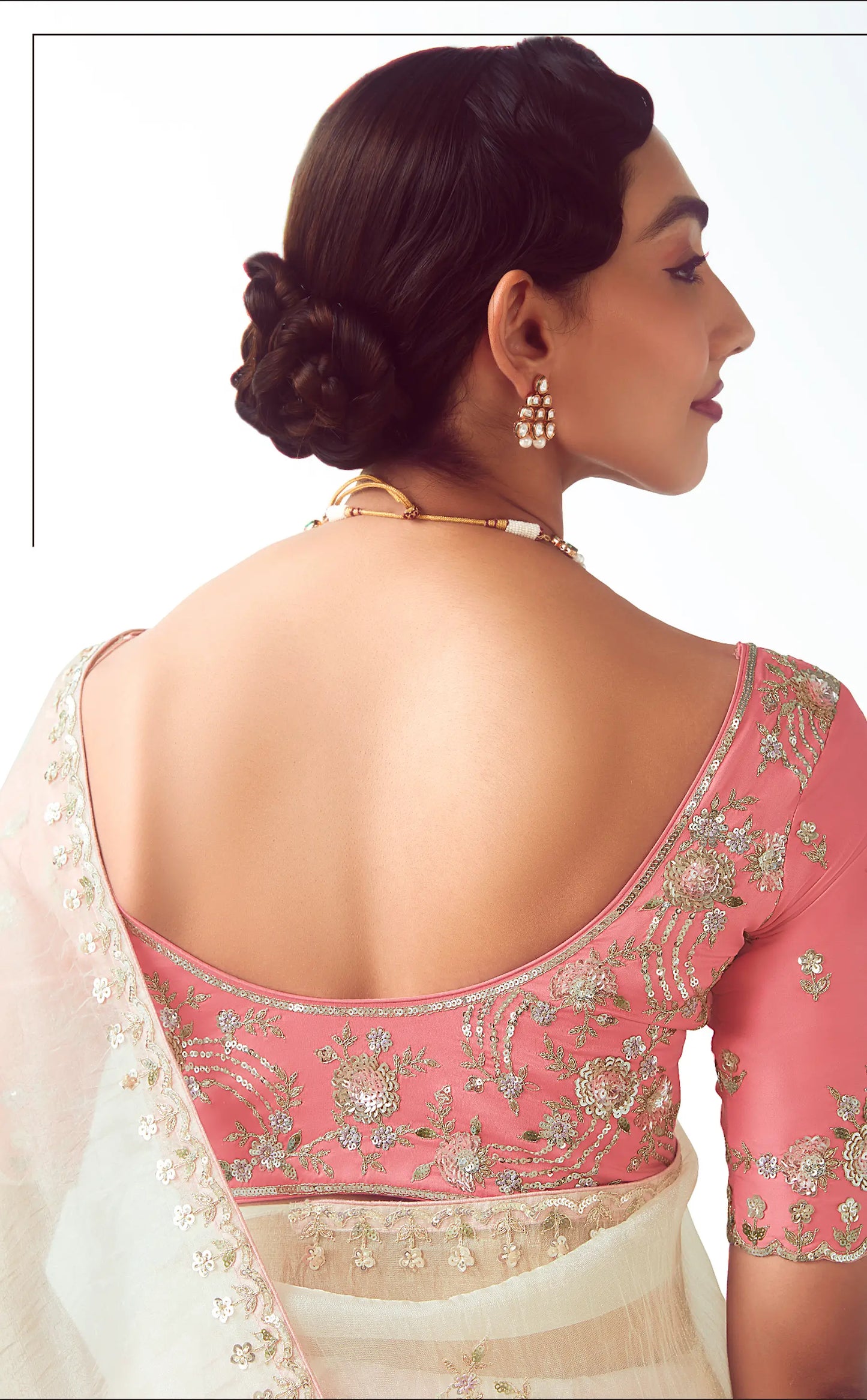 Pearl White Party Wear Saree With Embroidery & Hand Work