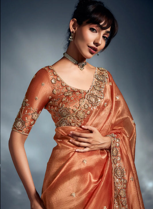 Rust Orange Organza Tissue Khatli Work Saree