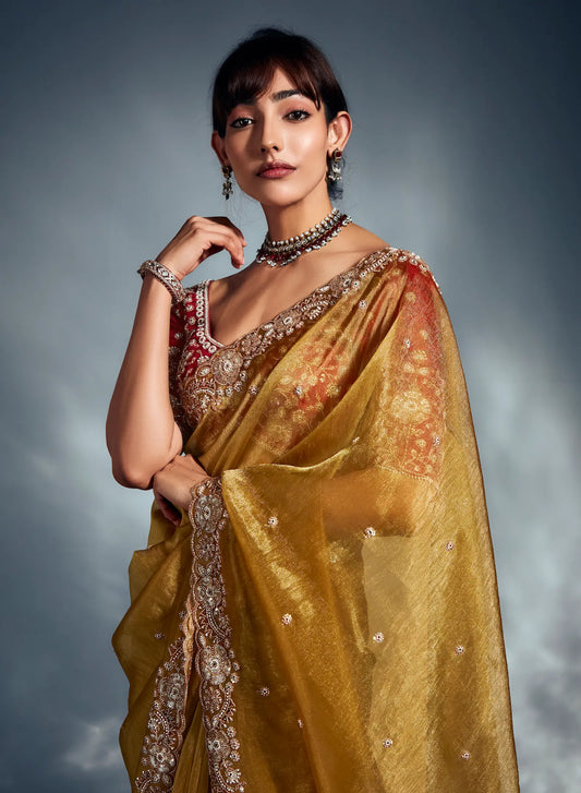 Golden Yellow Organza Tissue Khatli Work Saree