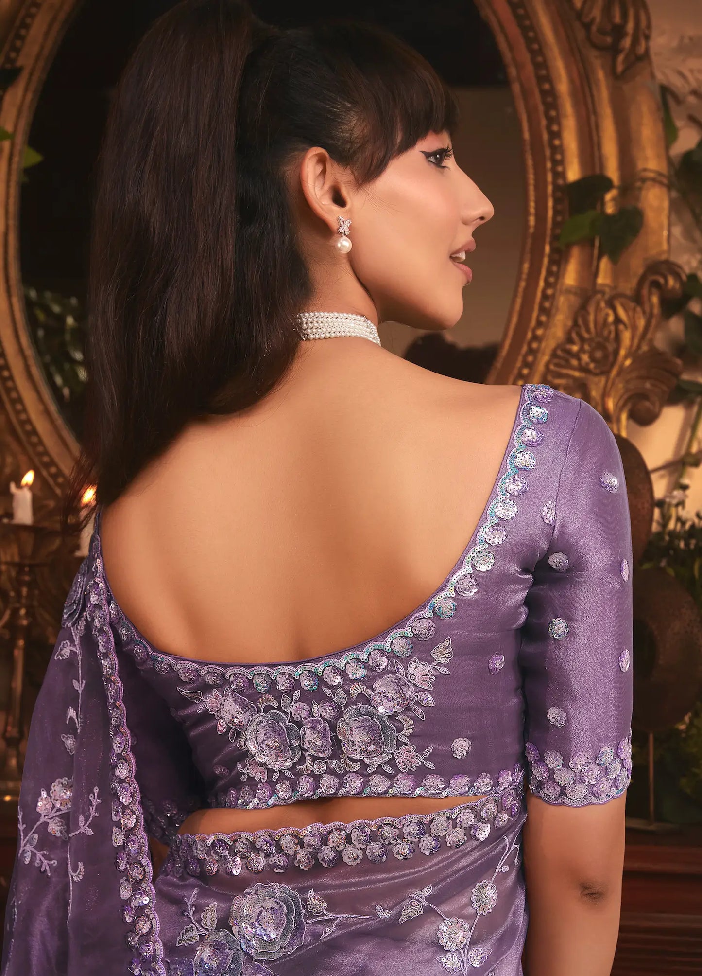 Dark Lilac Tissue Organza Heavy Embroidery Saree