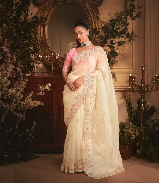 Vanilla White Tissue Organza Heavy Embroidery Saree