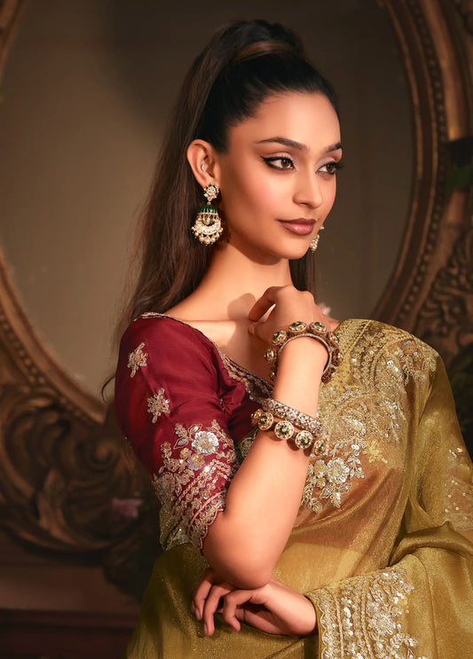 Golden Brown Tissue Organza Heavy Embroidery Saree