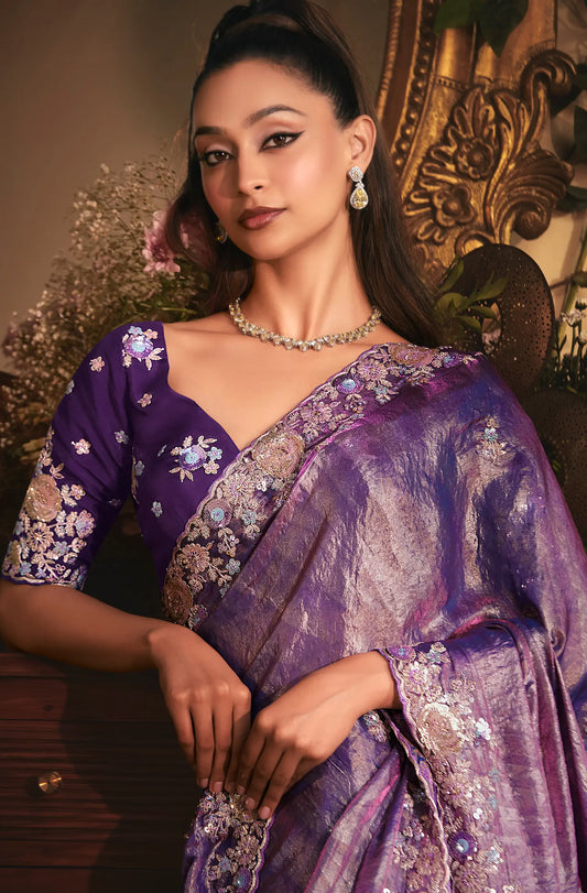 Shaded Purple Tissue Organza Heavy Embroidery Saree