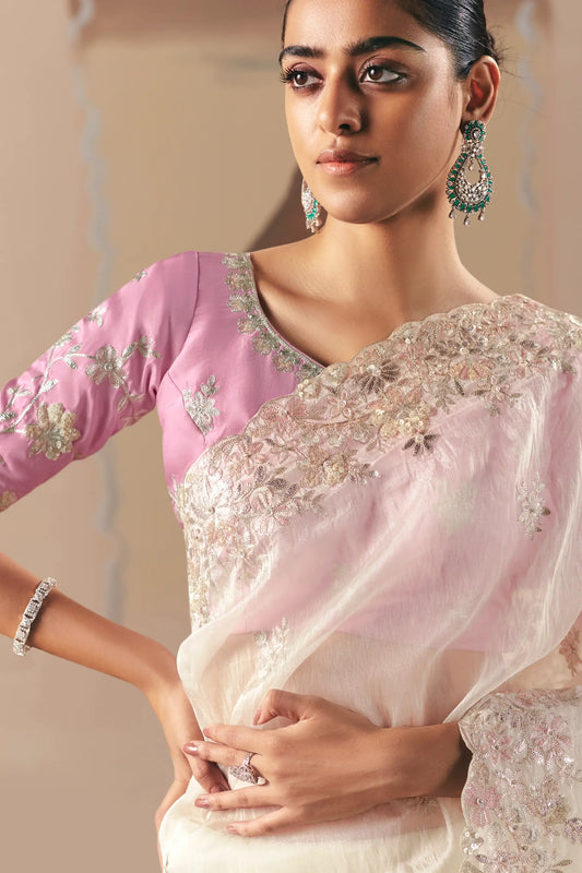 Pearl White Fancy Embroidery & Stone Work Saree