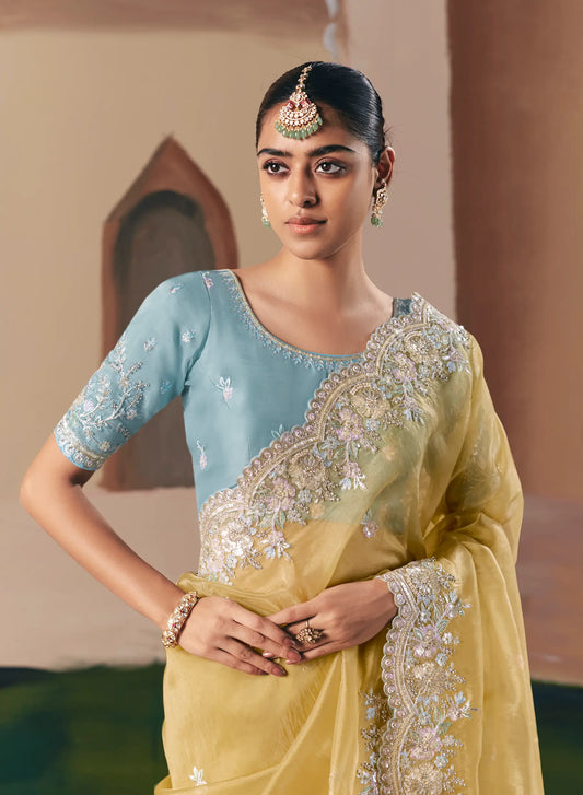 Sand Yellow Fancy Embroidery & Stone Work Saree