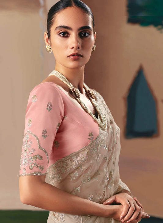 Dusty Grey Fancy Embroidery & Stone Work Saree