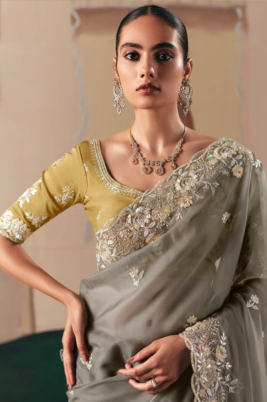 Dark Grey Fancy Embroidery & Stone Work Saree