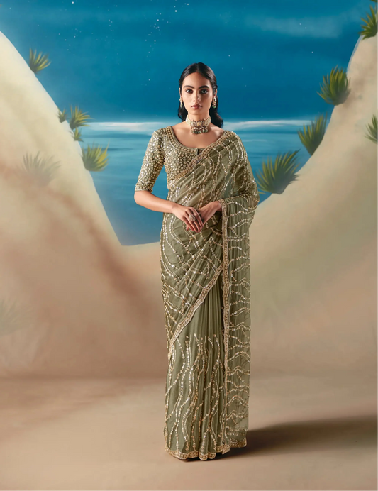 Olive Green Satin Organza Heavy Embroidery Saree