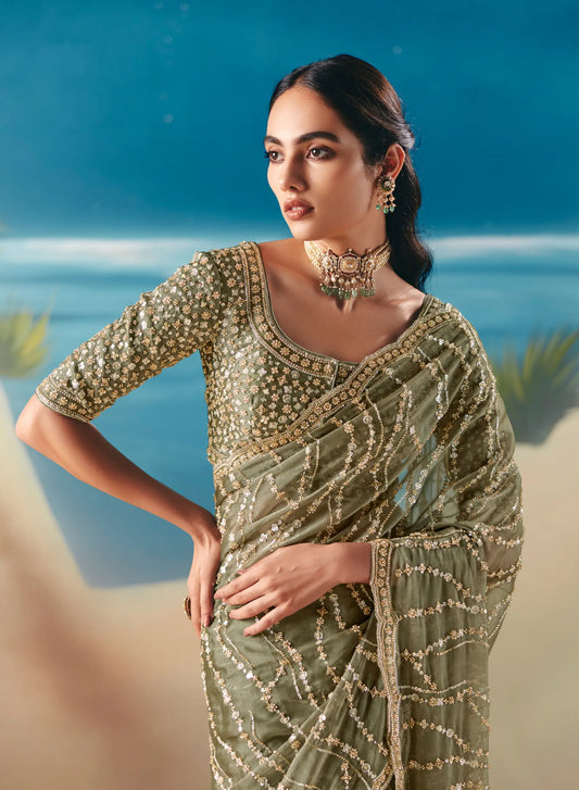 Olive Green Satin Organza Heavy Embroidery Saree