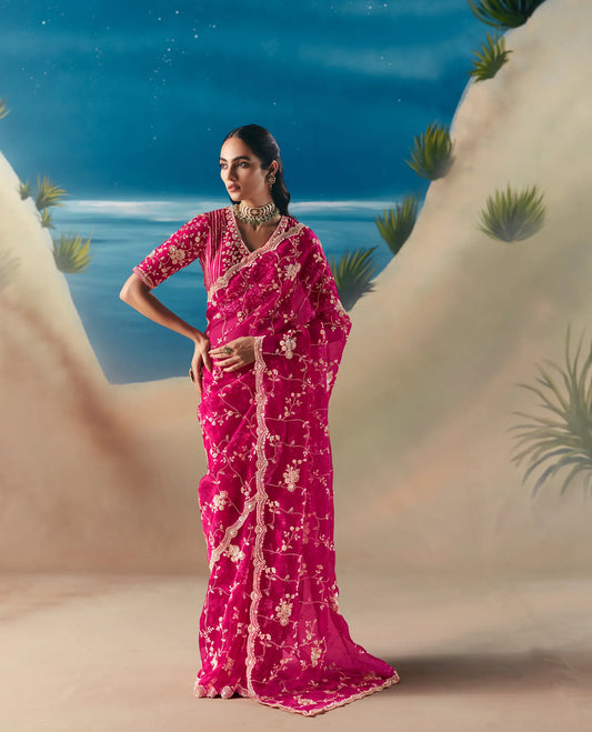 Rose Red Satin Organza Heavy Embroidery Saree