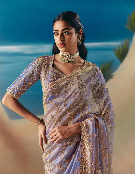Lavender Satin Organza Heavy Embroidery Saree