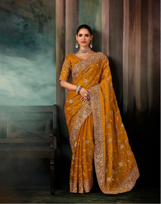 Dusty Orange Saree With Aari & Hand Work