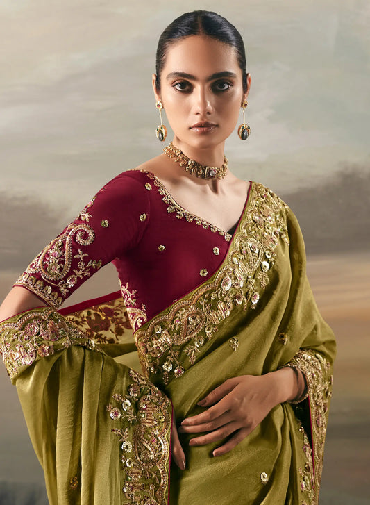Parrot Green Heavy Embroidered Tissue Silk Saree