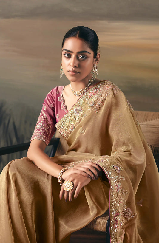 Shiney Beige Heavy Embroidered Tissue Silk Saree