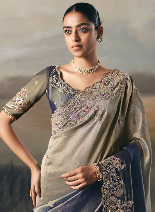 Shaded Grey Heavy Embroidered Tissue Silk Saree