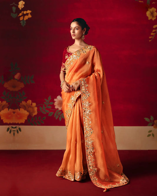 Burnt Orange Heavy Embroidered Saree