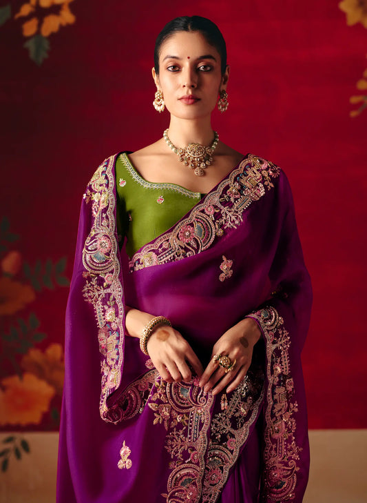 Royal Purple Heavy Embroidered Saree