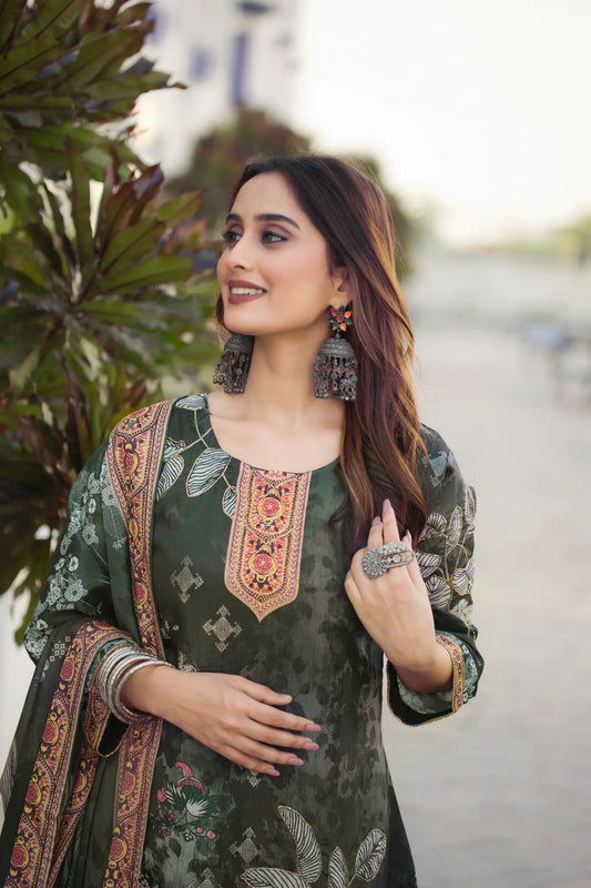 Timber Green Chinon Salwar Suit With Print & Hand Work
