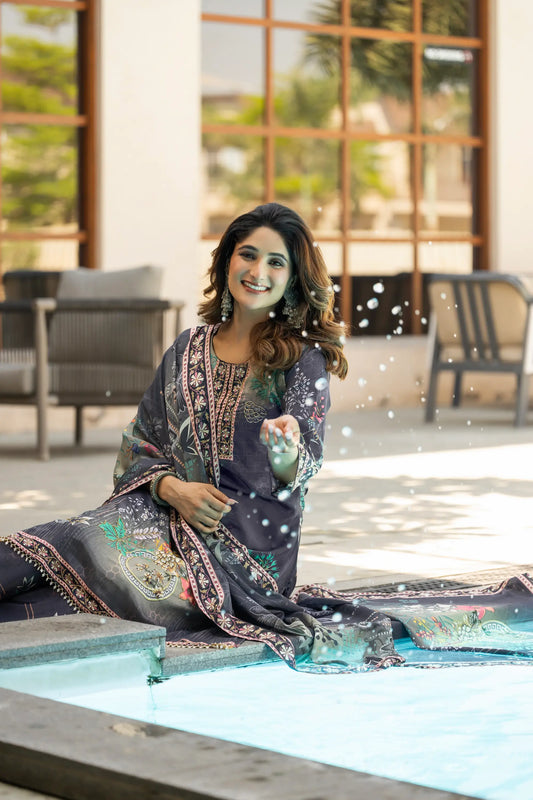 Grey Chinon Salwar Suit With Print & Hand Work