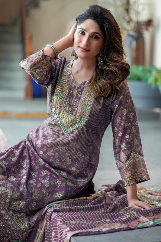 Dusty Purple Chinon Salwar Suit With Print & Hand Work