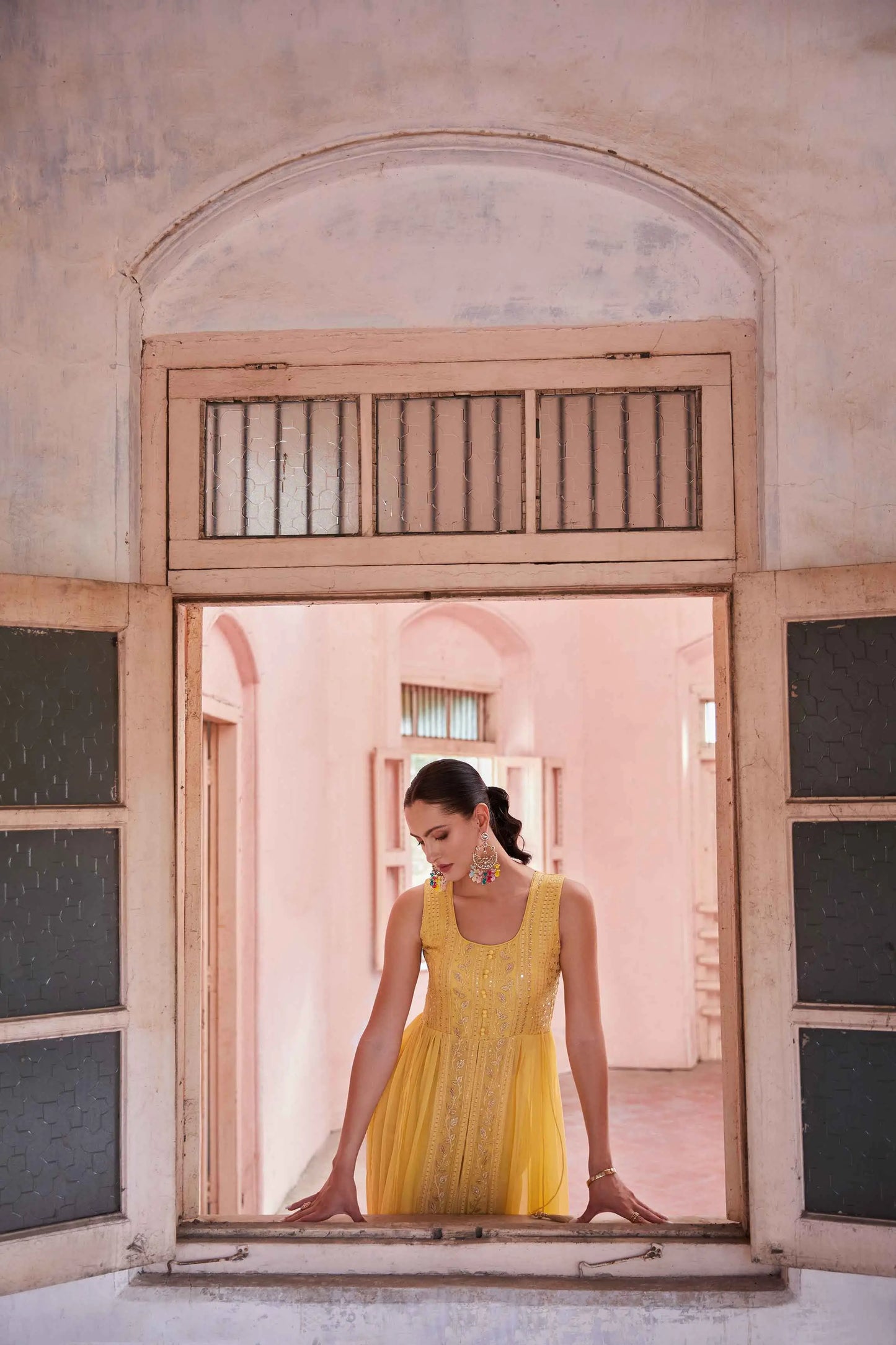 Yellow Embellished With Thread Sequins Embroidery Work Indo Western With Dupatta