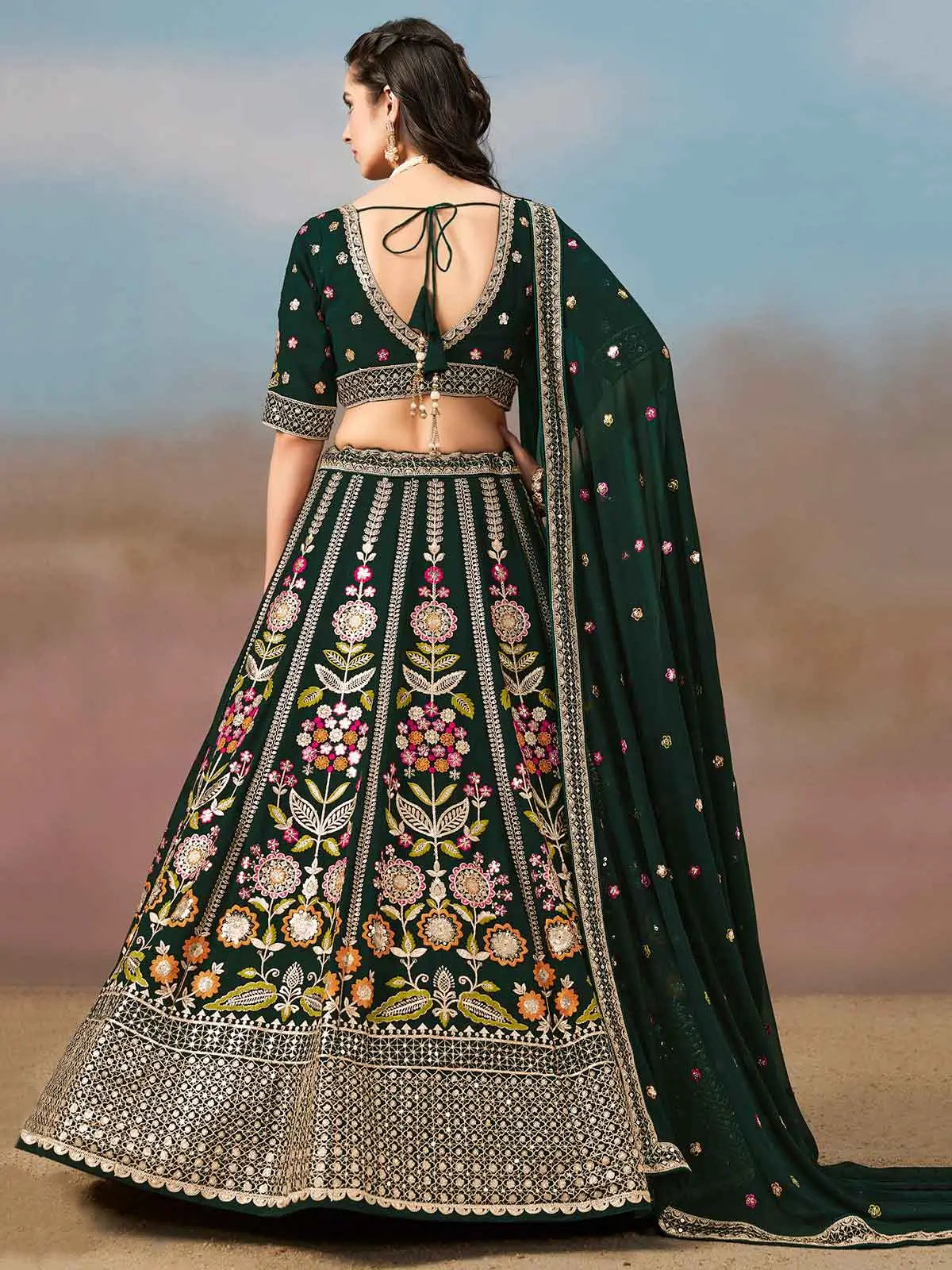 Dark Green Georgette Lehenga With Dori Zari Thread & Sequins Embroidery Work