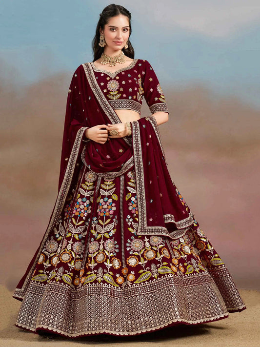 Maroon Georgette Lehenga With Dori Zari Thread & Sequins Embroidery Work