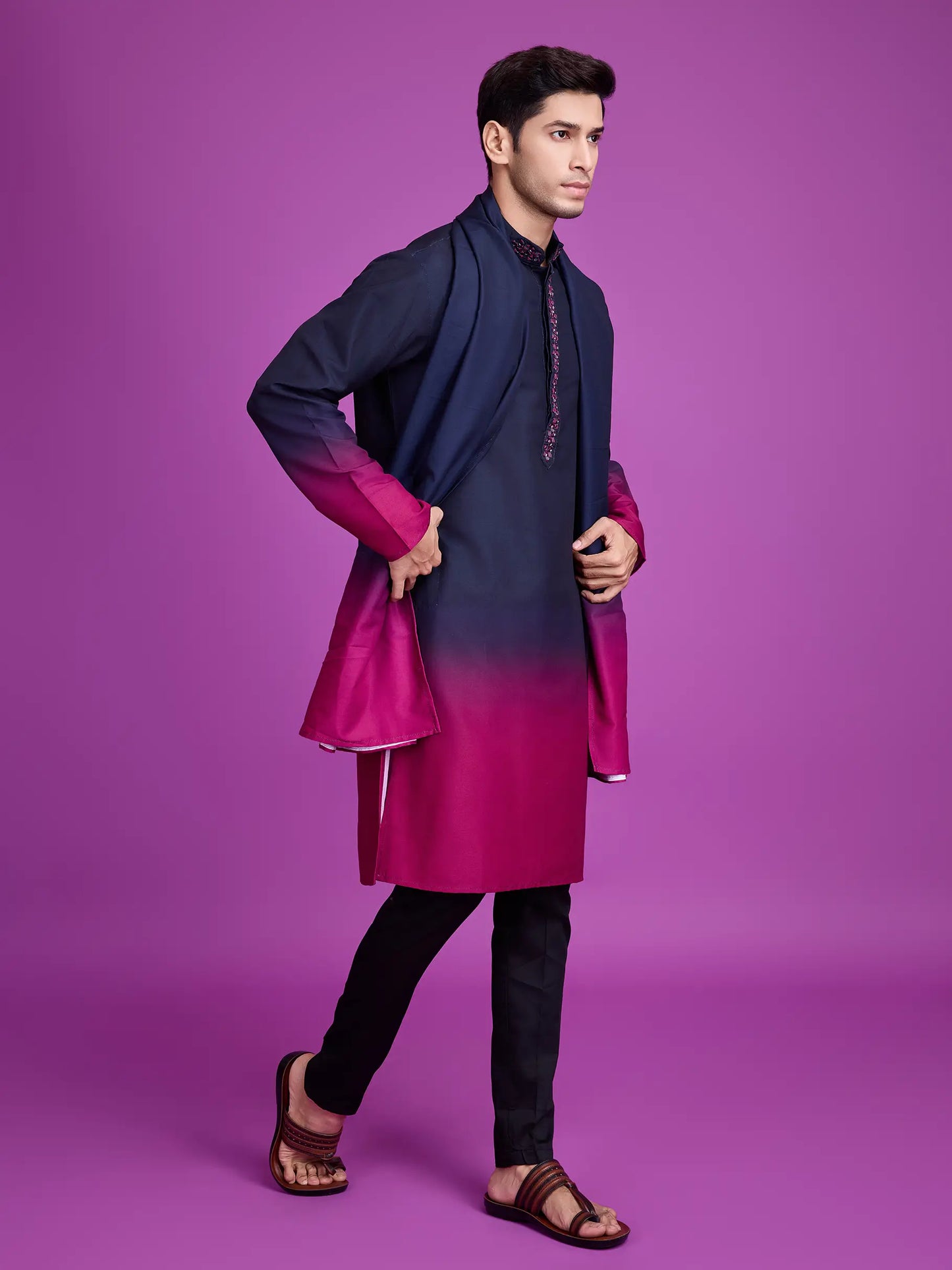 Navy Blue & Pink Rayon Kurta With Hand Mirror Work