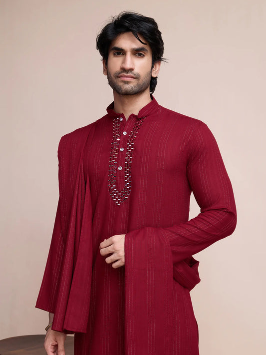 Maroon Viscose Mirror Work On Jari With Pant & Dupatta