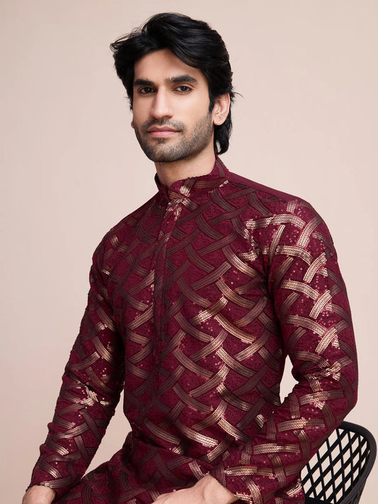 Maroon Silk Kurta With Thread & Sequins Embroidered Work