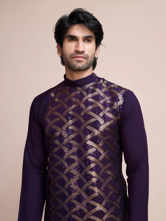 Purple Silk Thread & Sequins Embroidered Work Kurta