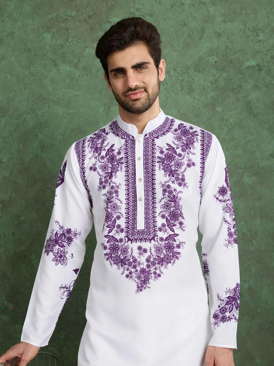 Awesome White Rayon Kurta With Beautiful Purple Digital Print