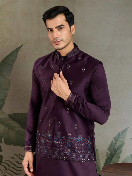 Dark Purple Silk Kurta Set With Real Mirror Thread Sequins Embroidery Work Koti