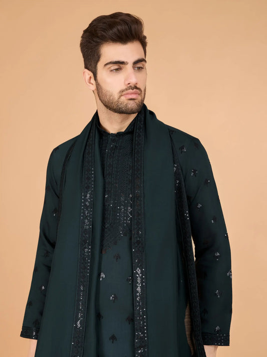 Green Silk Thread & Sequence Embroidered Work Kurta With Pant & Dupatta