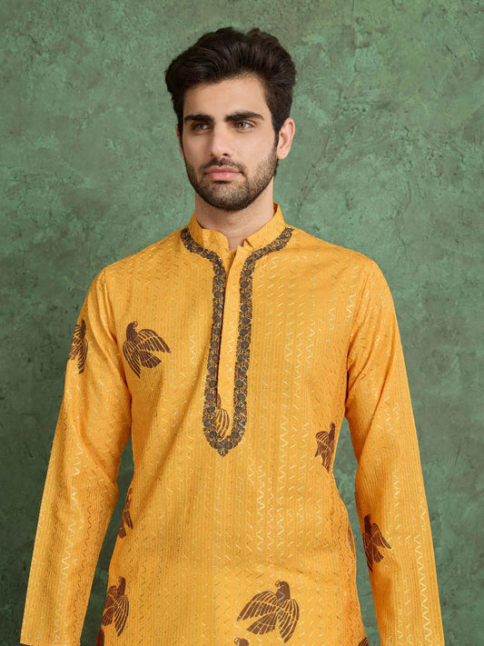 Mustard Yellow Digital Print With Embroidery Work Rayon Kurta With Pant