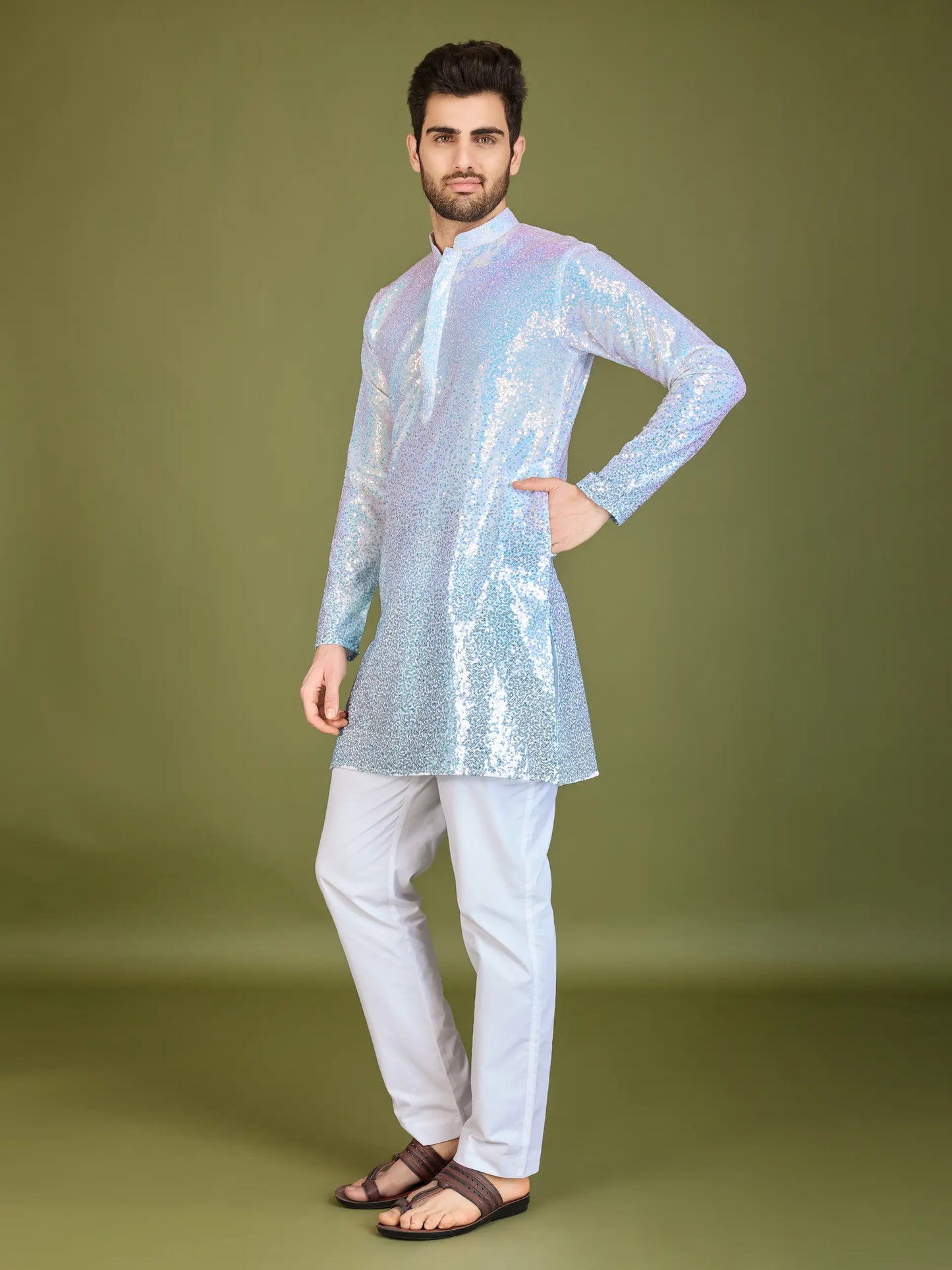 Ombre Blue Georgette Kurta With Thread & Sequins Embroidered Work