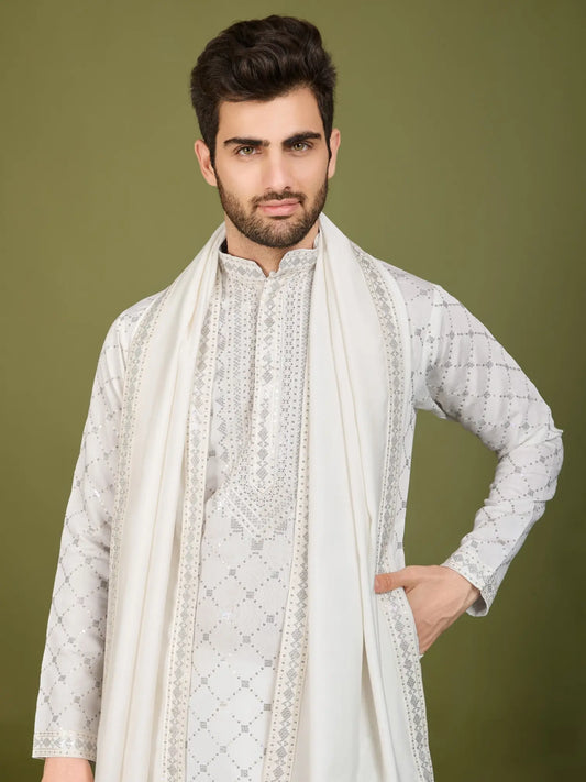 White Silk Thread & Sequence Embroidered Work Kurta With Pant & Dupatta