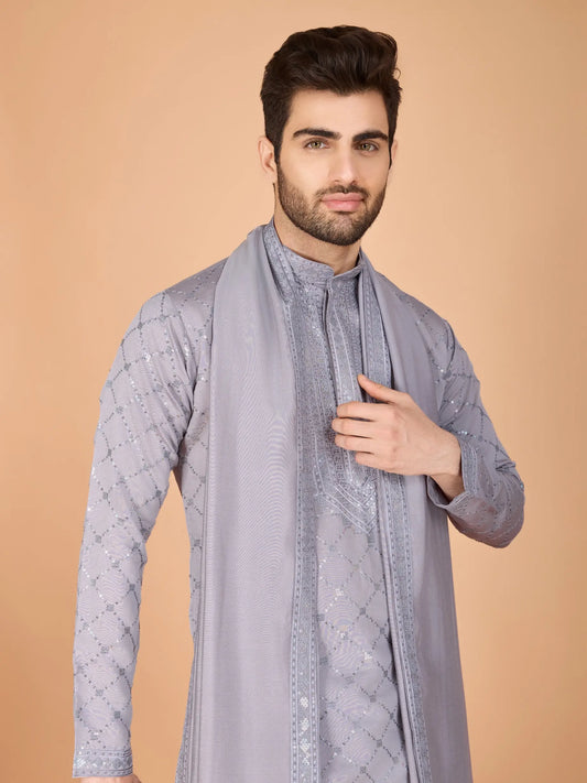 Grey Silk Thread & Sequence Embroidered Work Kurta With Pant & Dupatta