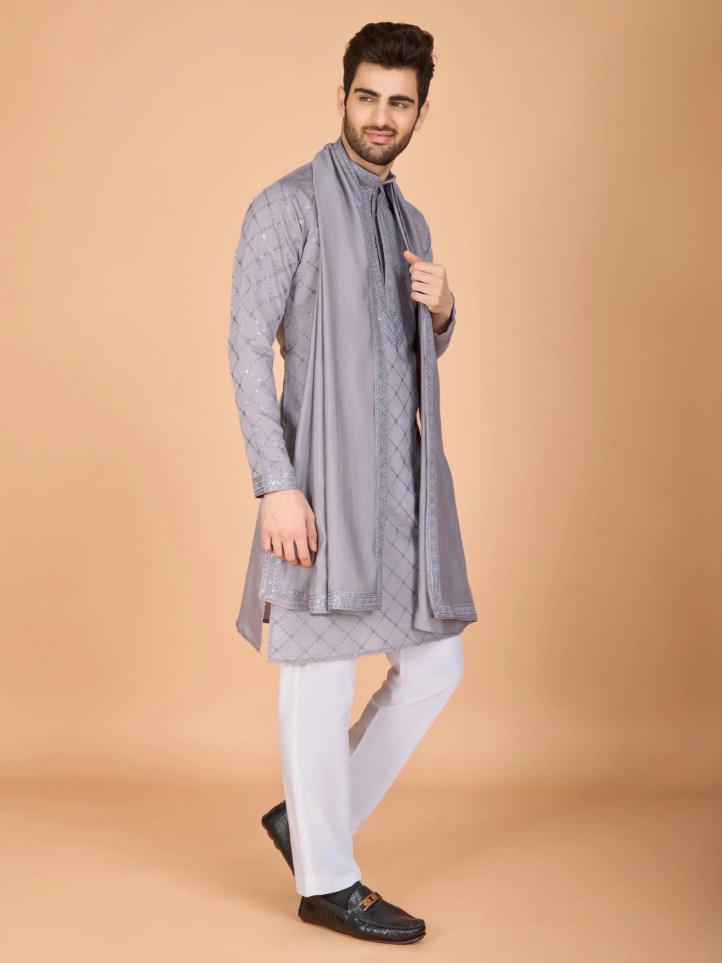 Grey Silk Thread & Sequence Embroidered Work Kurta With Pant & Dupatta