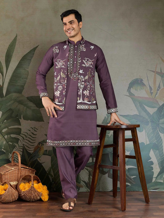 Rust Purple Thread Sequins Embroidery Work Wedding Wear Kurta And Koti(Jacket)