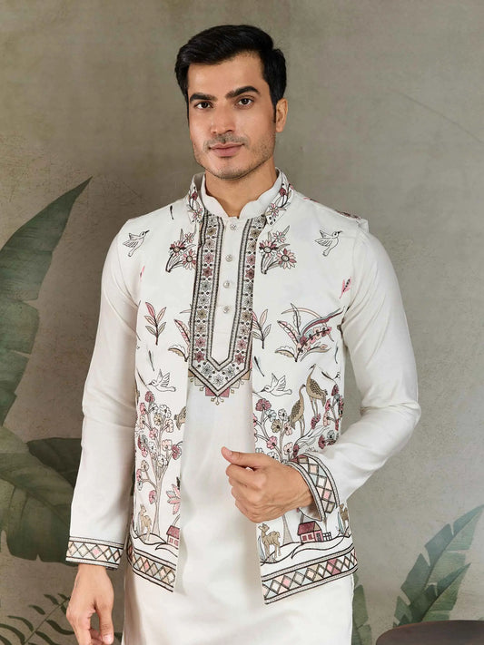 White Thread Sequins Embroidery Work Wedding Wear Silk Kurta And Jacket