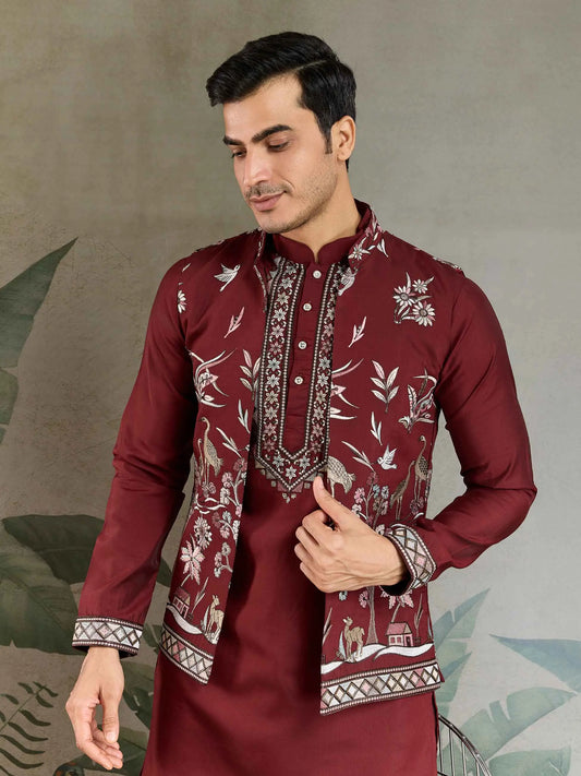 Maroon Wedding Wear Thread Sequins Embroidery Work Kurta And Koti(Jacket)