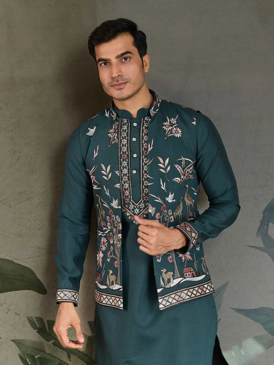 Mineral Green Wedding Wear Kurta With Thread Sequins Embroidery Work Jacket