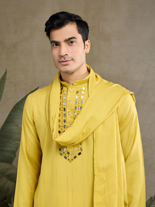 Yellow Jari & Mirror Work Kurta Set With Pant & Dupatta