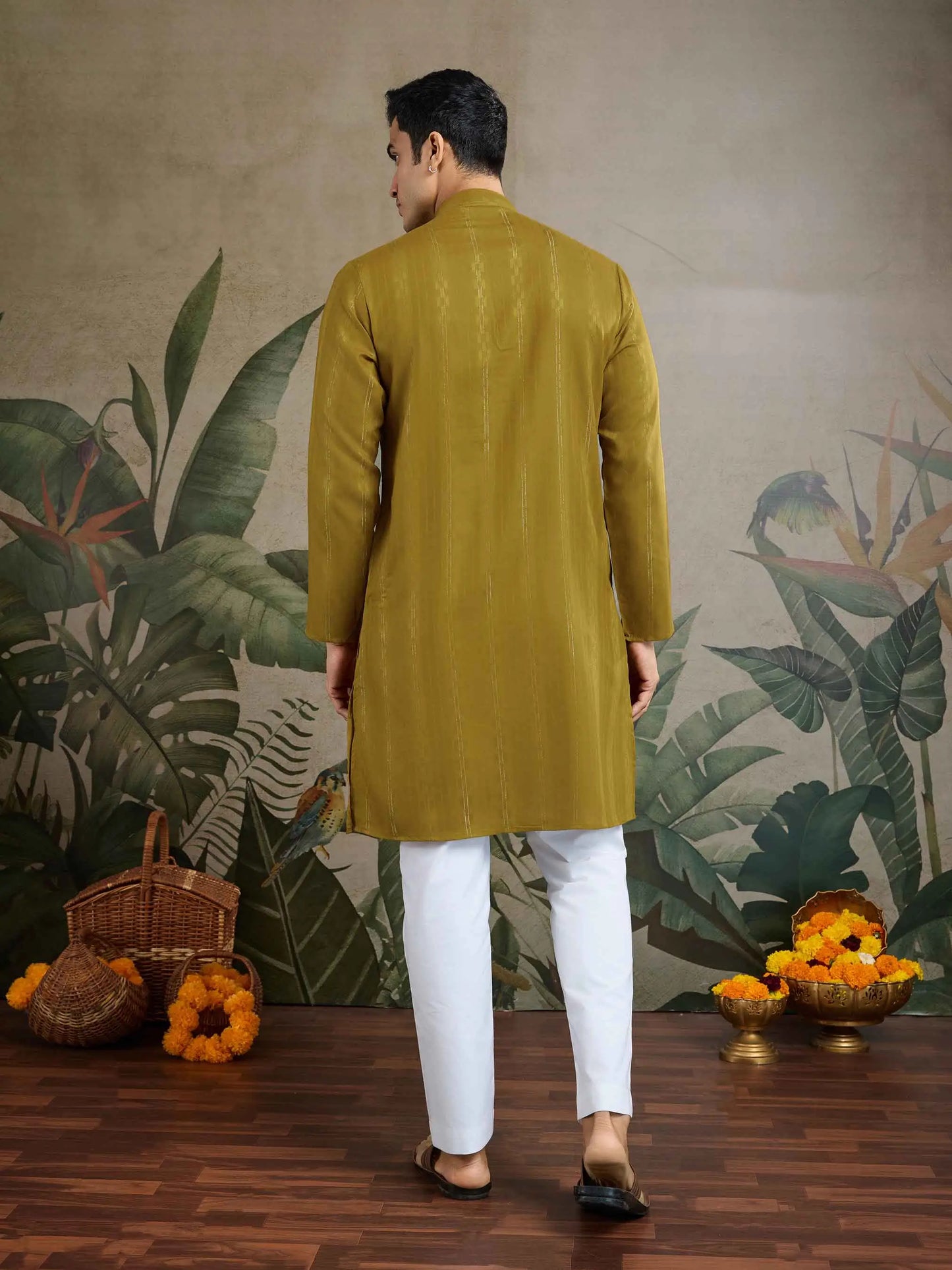 Rust Yellow Mirror Work And Zari Work Rayon Kurta & Dupatta With Pant