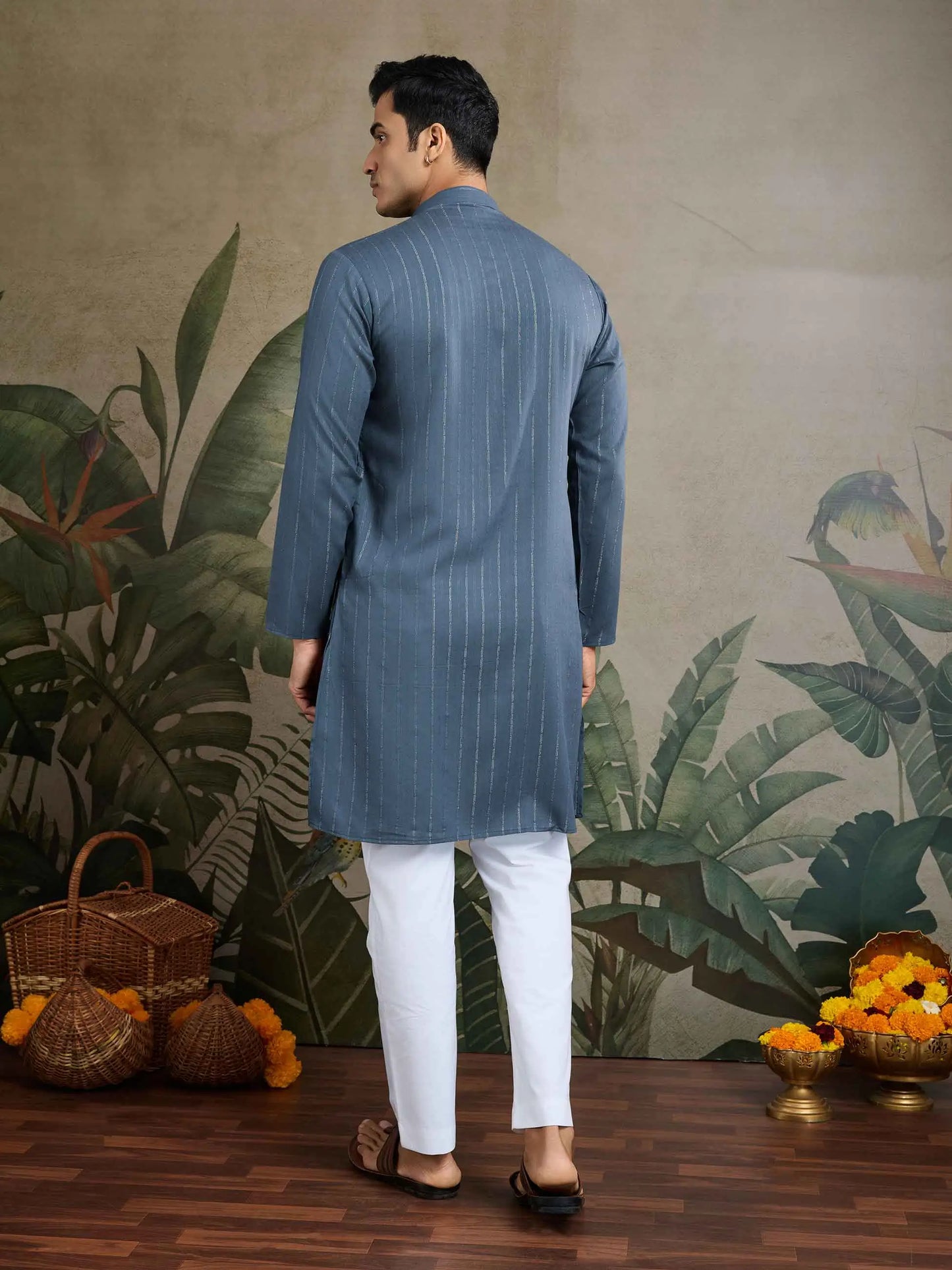 Marble Blue Mirror Work And Zari Work Rayon Kurta & Dupatta With Pant